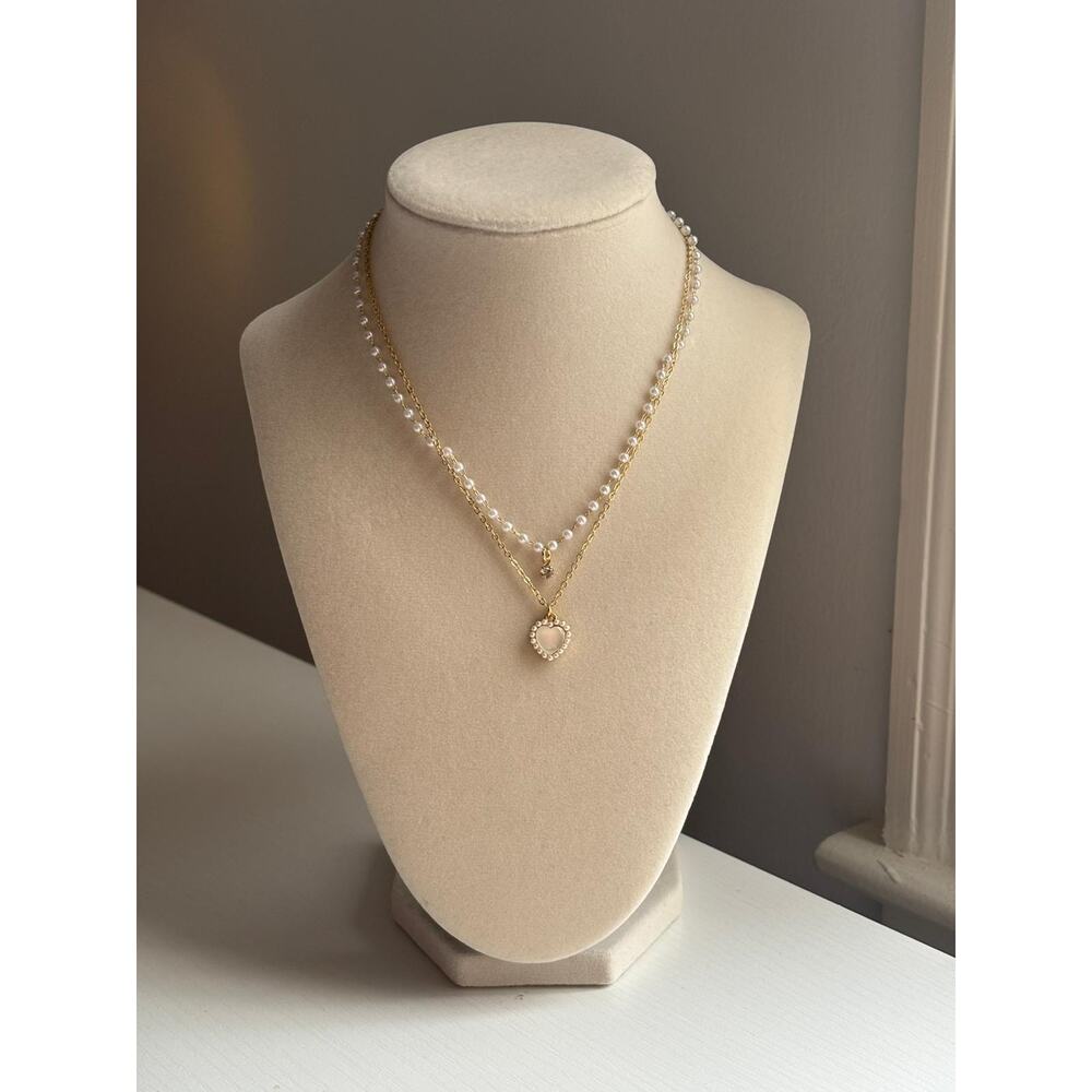 Layered Pearl Necklace Gold Heart Pendant Dainty Elegant Jewelry Gift - Picture 2 of 7